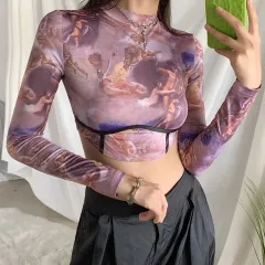 Round Neck Long Sleeve Sexy Navel Slim Print T-shirt - Pink - View 1
