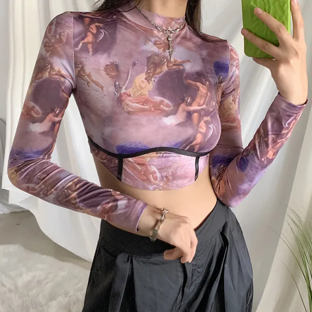 Round Neck Long Sleeve Sexy Navel Slim Print T shirt Pink - Shop at LoveMi