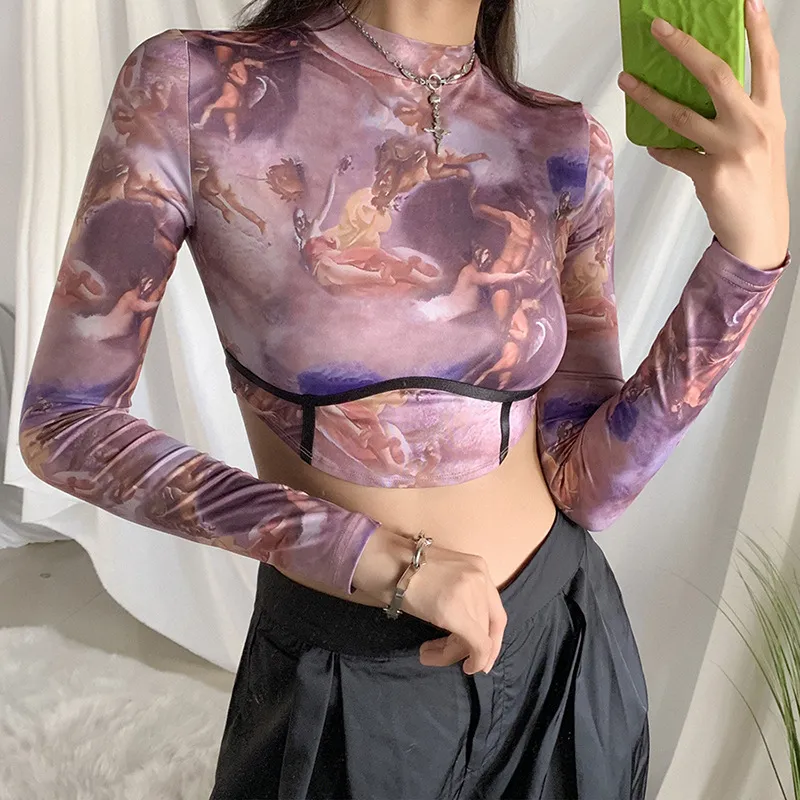 Round Neck Long Sleeve Sexy Navel Slim Print T-shirt - Pink