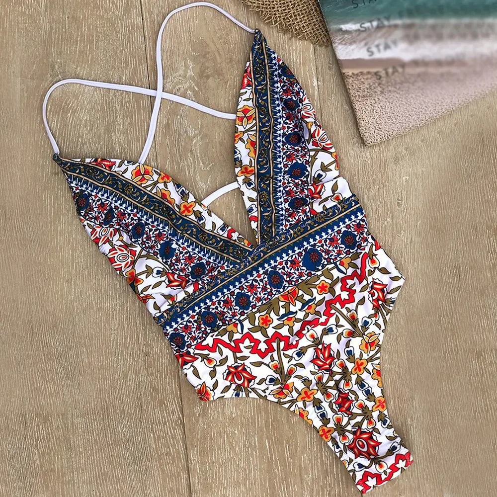 Printed lace-up swimsuit