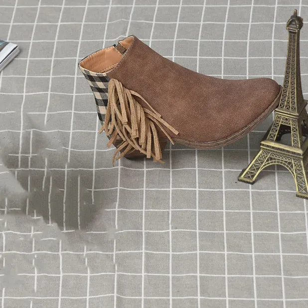 Fringed plaid chunky heel ankle boots Brown - Shop at LoveMi