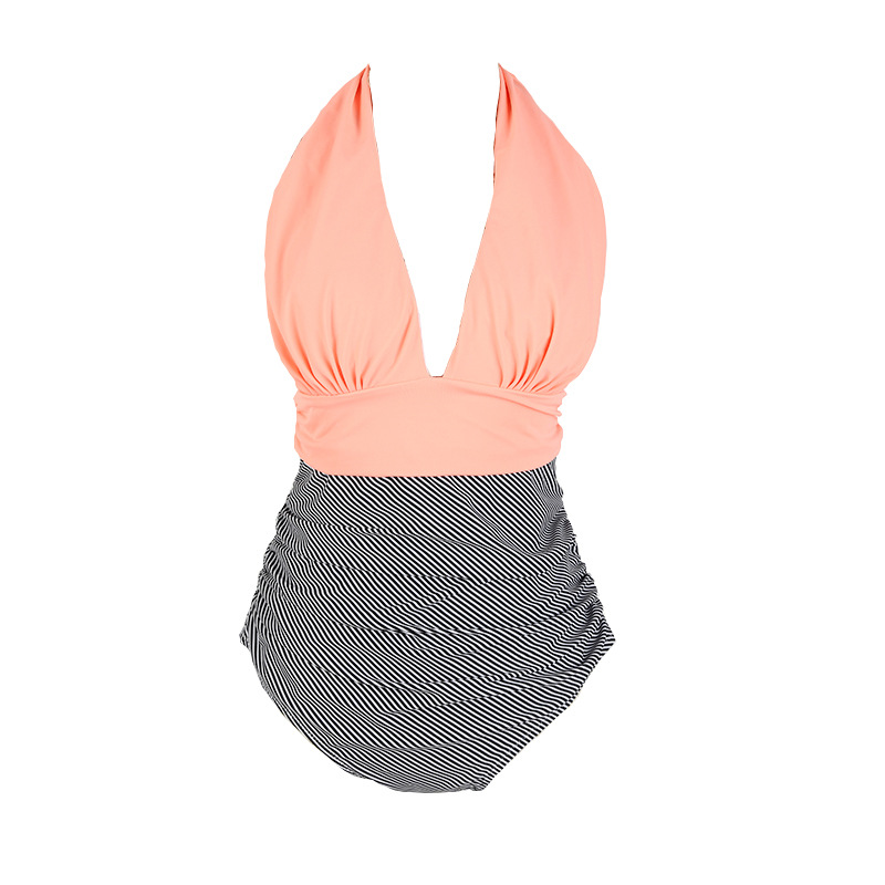 Ladies striped stitching one-piece bikini