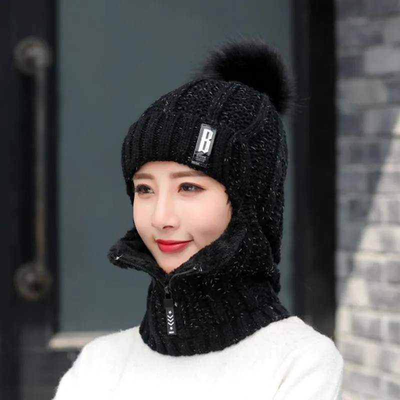 Women Wool Knitted Hat Ski Hat Sets For Female Windproof Winter Outdoor Knit Warm Thick Siamese Scarf Collar Warm Hat Girl Gift - Black