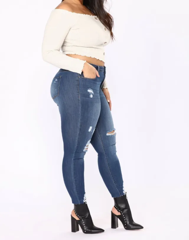 New large size women's hole dark blue jeans women's clothing Blue - Shop at LoveMi