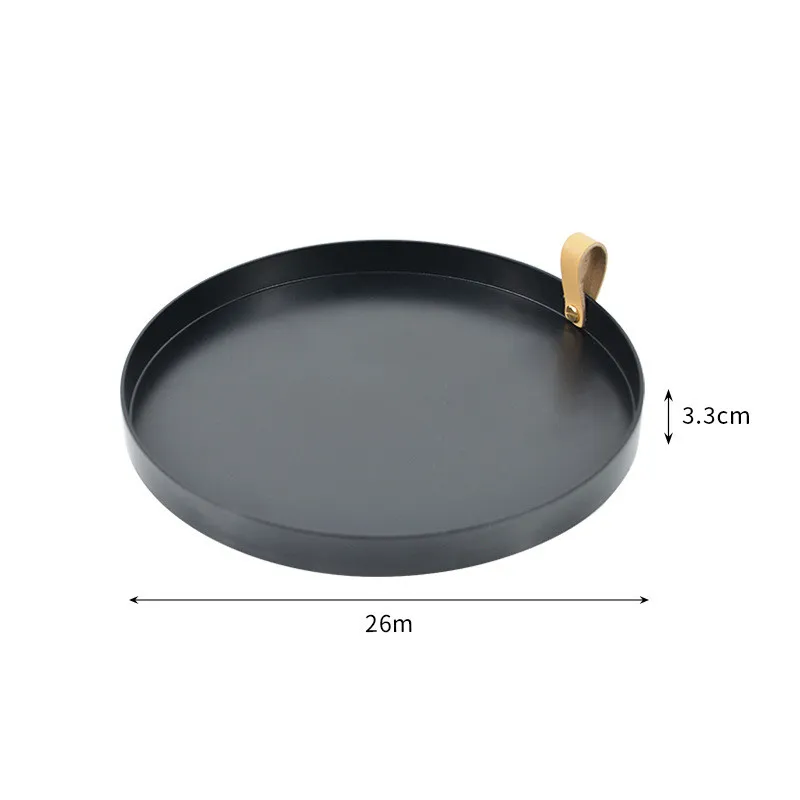Zhubaijia Round Storage Plate Tabletop Tray Ornament Storage Plate Household Porch Leather Handle - Black