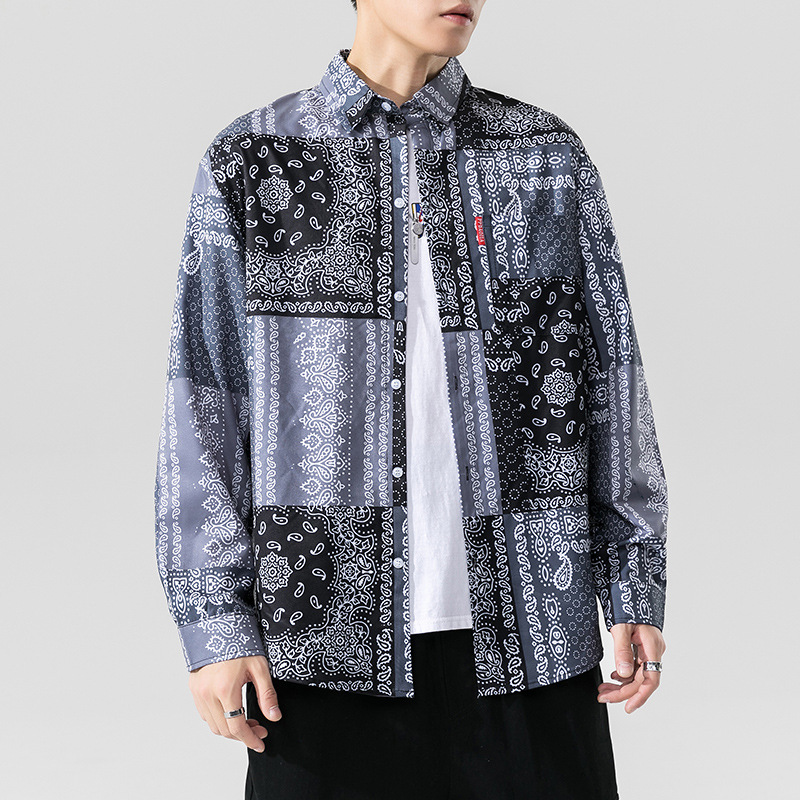 Japanese ethnic style large asymmetric cashew flower shirt