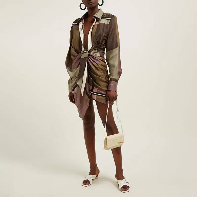 Geometric Color Block Twisted Deep V Dress