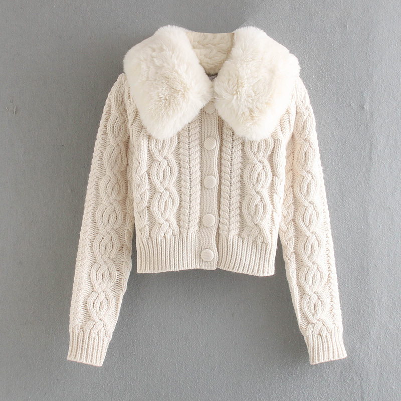 Sweet and gentle sweater cardigan with fur collar knitted jacket