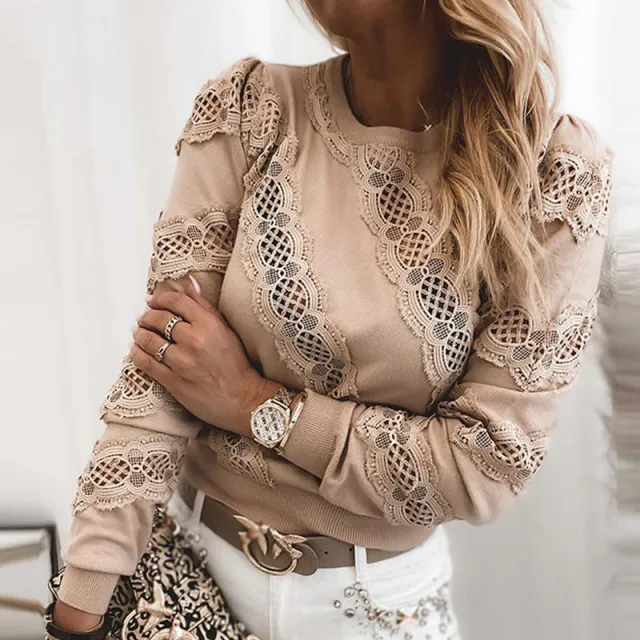 Brown round neck all match solid color pullover sweater Khaki - Shop at LoveMi