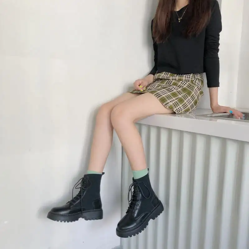 All-match Lace-up Platform Stitching Short Boots