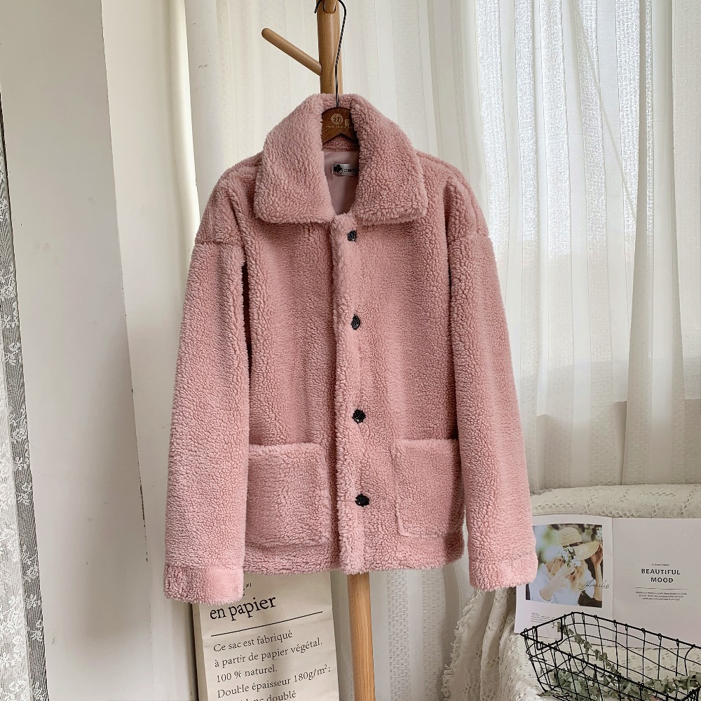 Short faux fur coat in grain fleece Pink - Shop at LoveMi