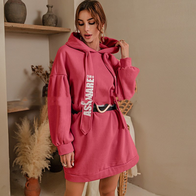Letter Print Hip Hop Pullover Knit Hooded Sweater Dress