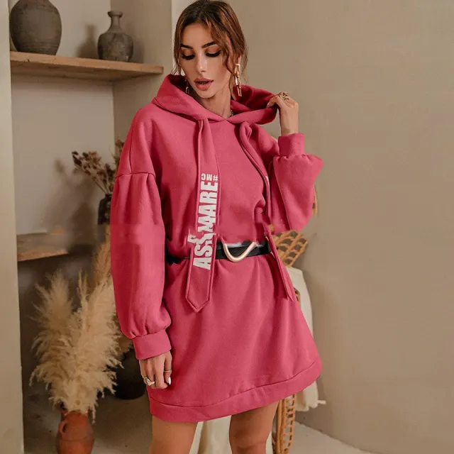 Letter Print Hip Hop Pullover Knit Hooded Sweater Dress Rose Red - Shop at LoveMi