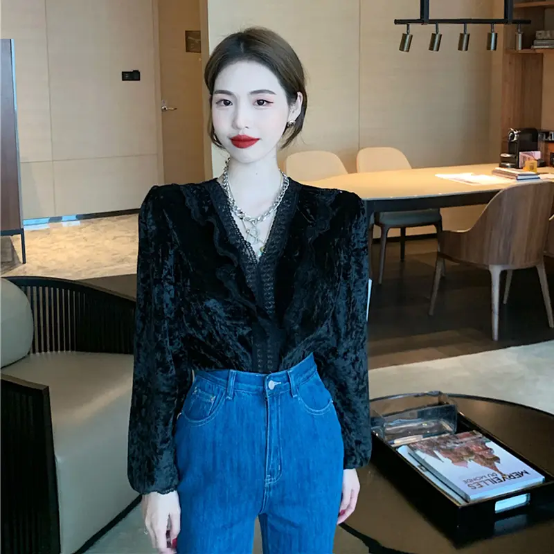Retro Western Style Stitching Lace Long-sleeved Top