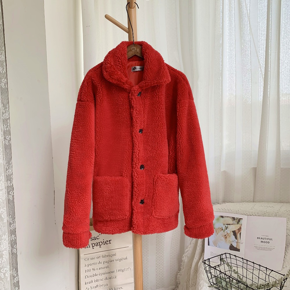 Short faux fur coat in grain fleece Red - Shop at LoveMi