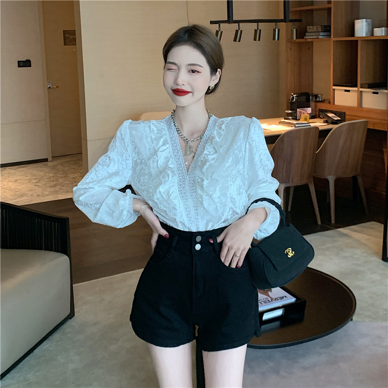 Retro Western Style Stitching Lace Long-sleeved Top