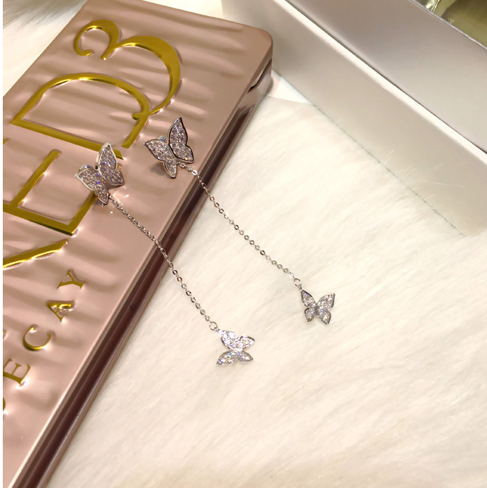 Women's 925 Silver Needle Butterfly Long Tassel Dual-use Back Hanging Earrings