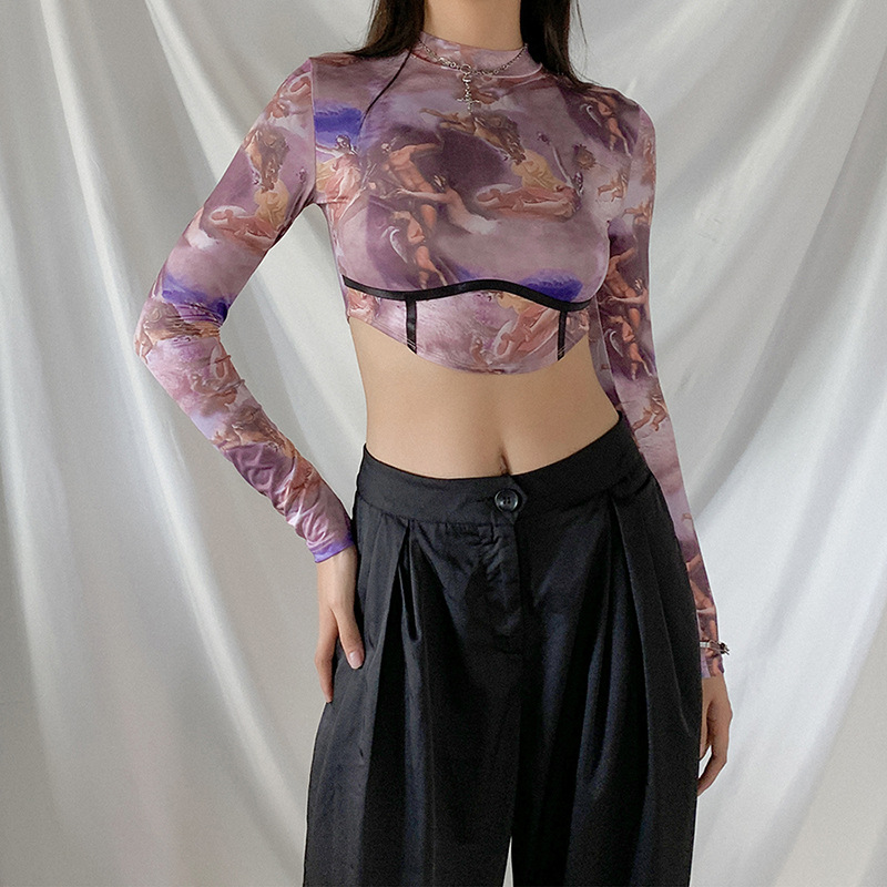 Round Neck Long Sleeve Sexy Navel Slim Print T-shirt