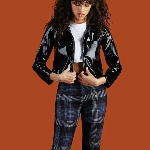 Short leather jacket in bright black paint Black - Shop at LoveMi