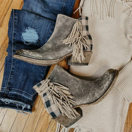Fringed plaid chunky heel ankle boots