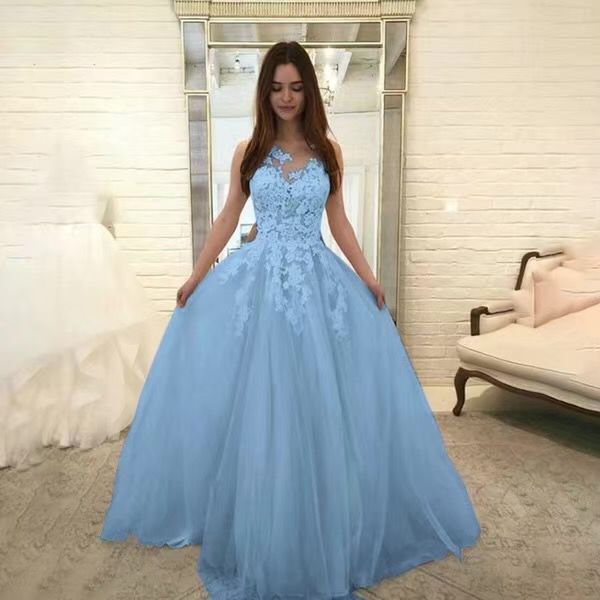 Women Wedding Dress Sleevless Flowers Lace Dress Blue - Shop at LoveMi