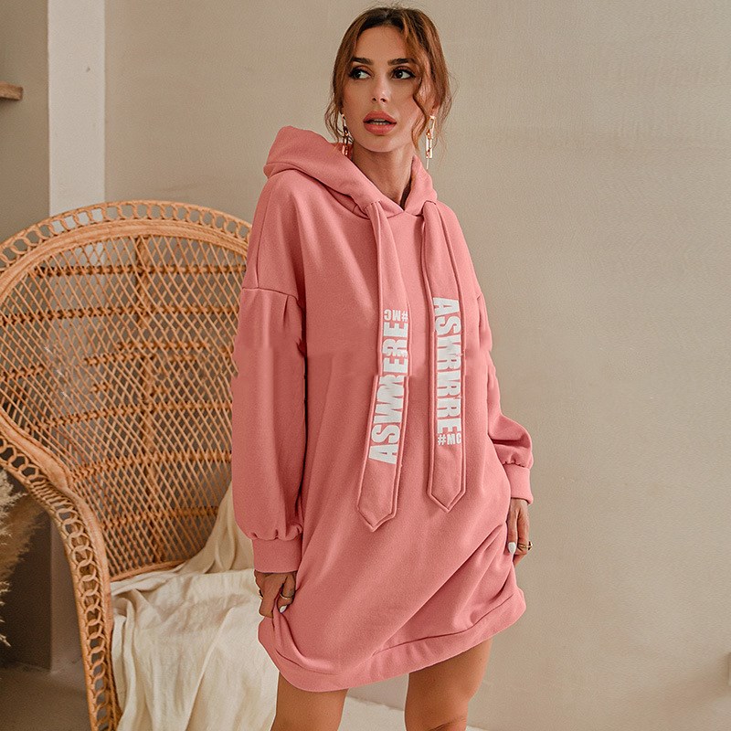 Letter Print Hip Hop Pullover Knit Hooded Sweater Dress Pink - Shop at LoveMi
