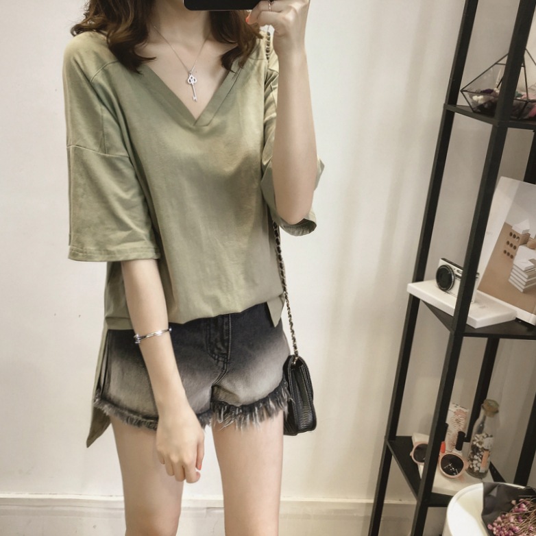 Solid color loose v-neck short sleeve t-shirt