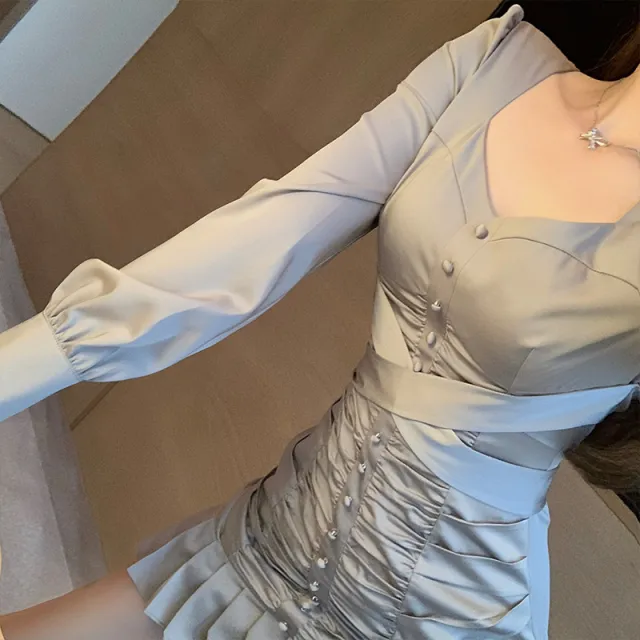 Puff Sleeve Dress Women Autumn And Winter Slimming Temperament Pleated Skirts Champagne L - Shop at LoveMi