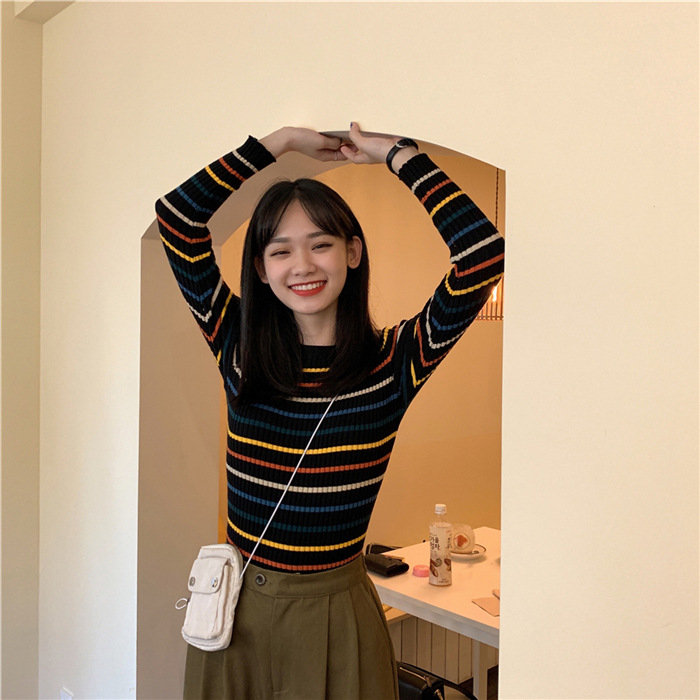 Simple casual slim color striped knitted bottoming shirt women