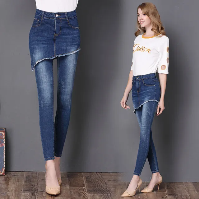 Women's fake two piece denim skirt pants Navy Blue - Shop at LoveMi
