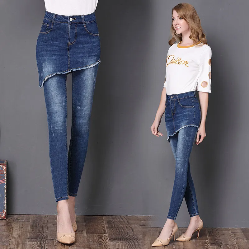 Women's fake two-piece denim skirt pants - Navy Blue