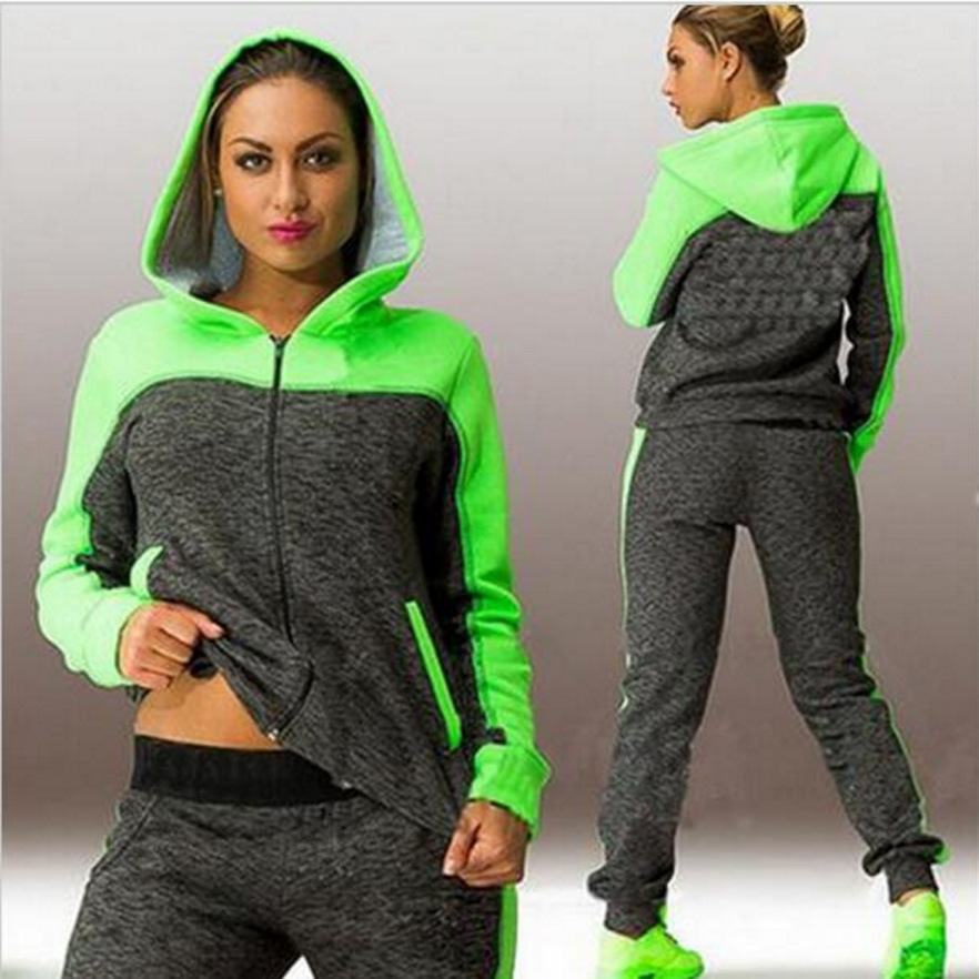 Stitching contrast color hooded sweatshirt sports suit women