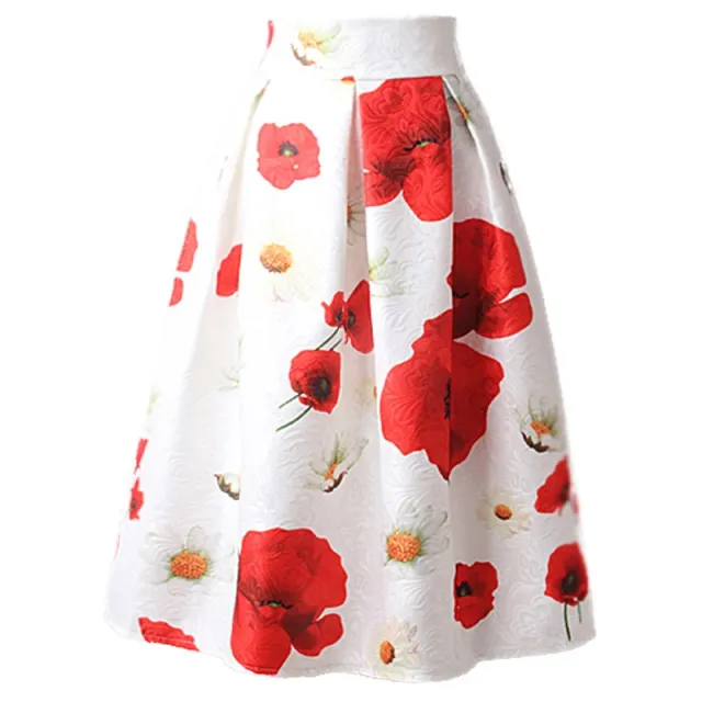 Women's midi skirt high waist pleated umbrella shape at the knee Red - Shop at LoveMi