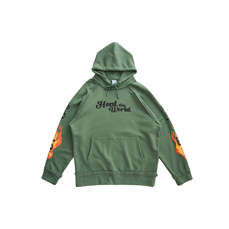 Flame print letter pocket hooded casual suit