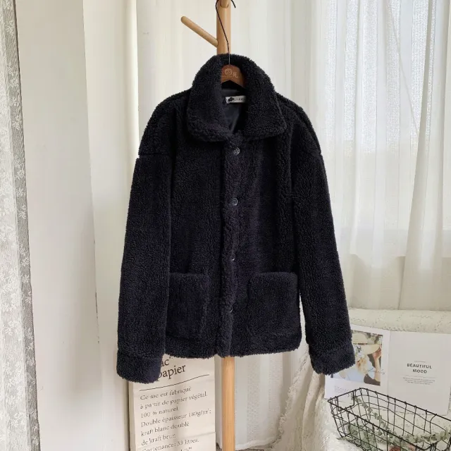 Short faux fur coat in grain fleece Black - Shop at LoveMi