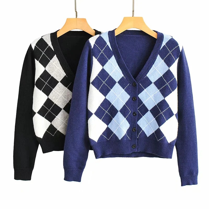 Diamond plaid knitted cardigan jacket