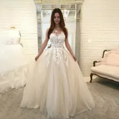 Women Wedding Dress Sleevless Flowers Lace Dress - White - View 1