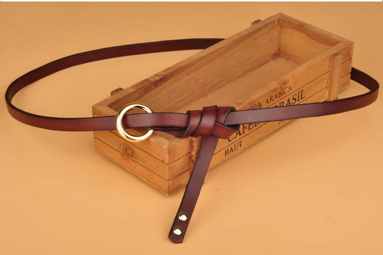 Round button top leather belt - Brown