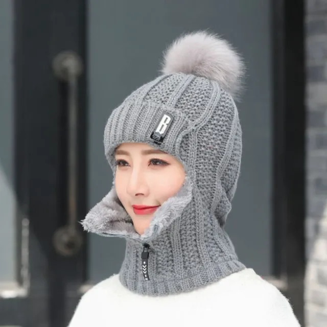 Women Wool Knitted Hat Ski Hat Sets For Female Windproof Winter Outdoor Knit Warm Thick Siamese Scarf Collar Warm Hat Girl Gift Grey - Shop at LoveMi