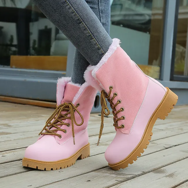 European and American round toe lace low heel snow boots Pink - Shop at LoveMi