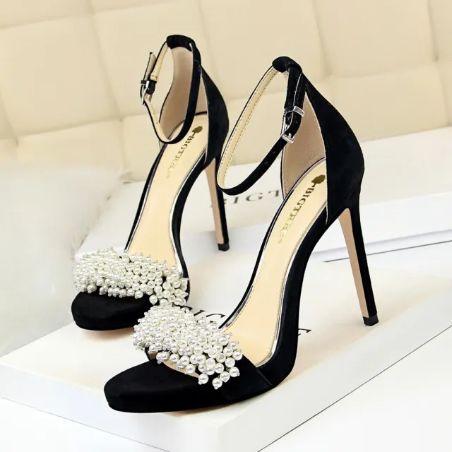 High heel platform suede pearl rhinestone strap sandals Black - Shop at LoveMi