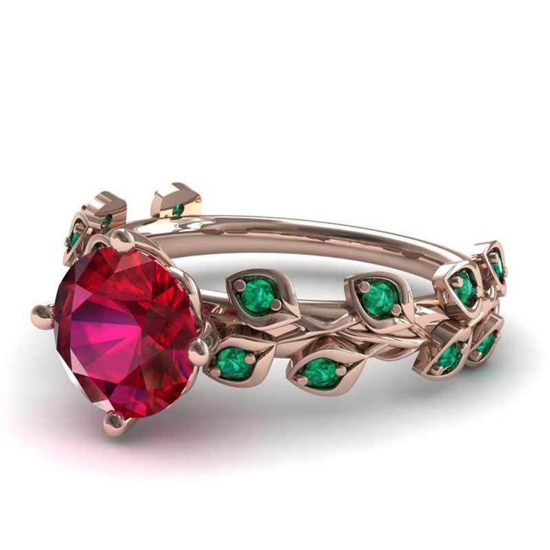 Red flower green leaf fancy diamond ring for women