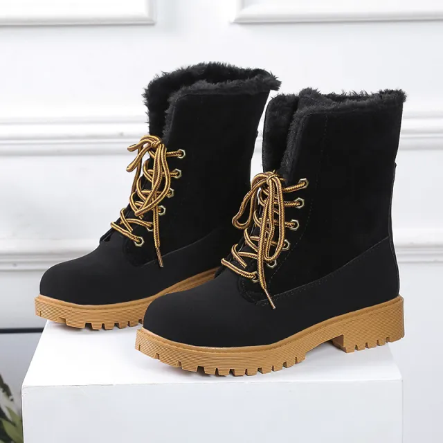 European and American round toe lace low heel snow boots Black - Shop at LoveMi