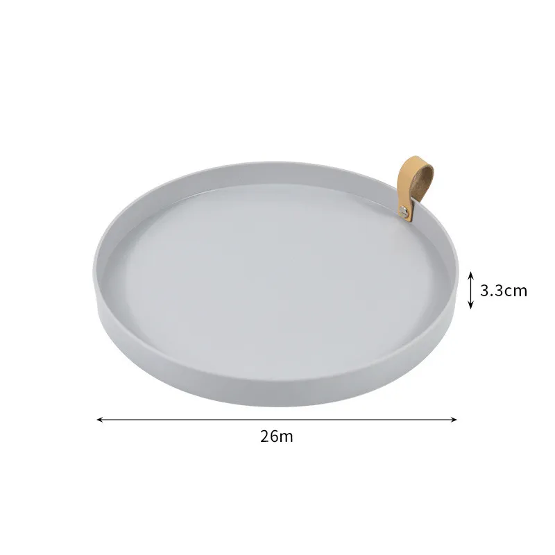 Zhubaijia Round Storage Plate Tabletop Tray Ornament Storage Plate Household Porch Leather Handle - Light Grey