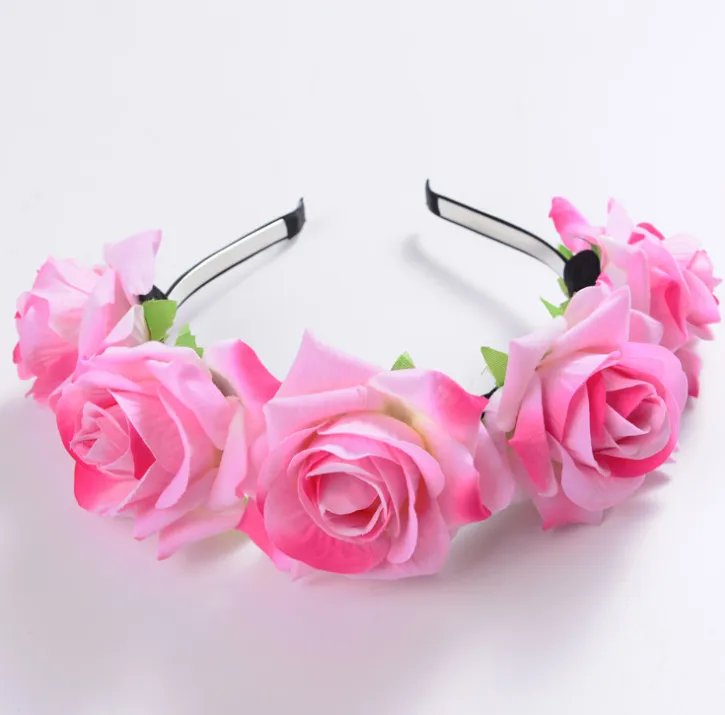 New velvet simulation rose flower wreath headband seaside holiday shooting hair accessories - Pink