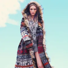 Real Leopard Fur Collar Printed Long Sleeve Ladies Long Trench Coat - Photo Color - View 1