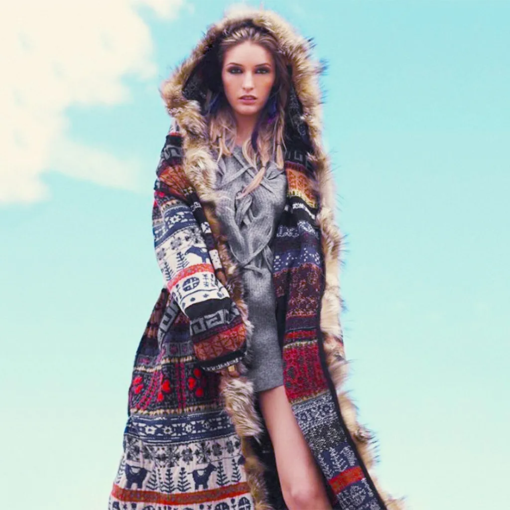 Real Leopard Fur Collar Printed Long Sleeve Ladies Long Trench Coat - Photo Color
