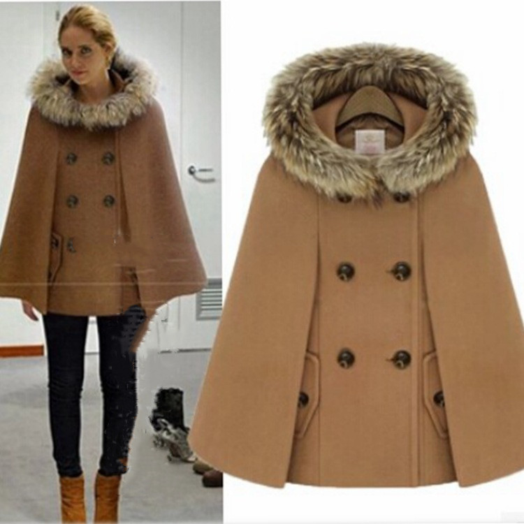Women's woolen coat with cape and hood