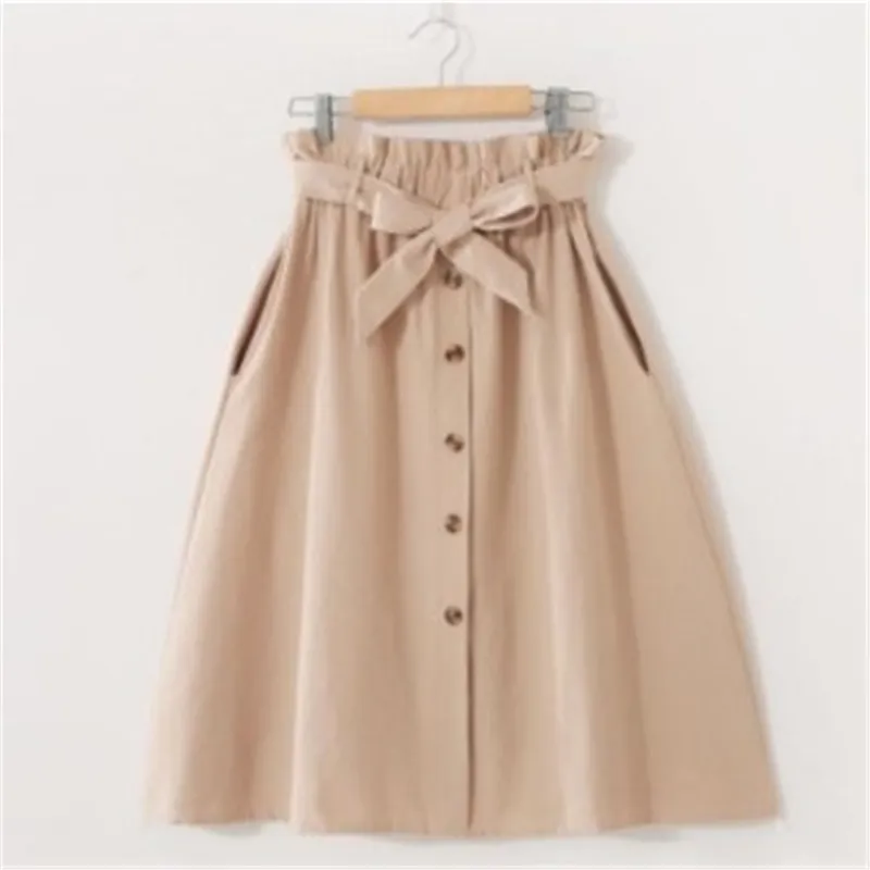 Elegant Button High Waist Skirt Female Pleated Skirt - Khaki