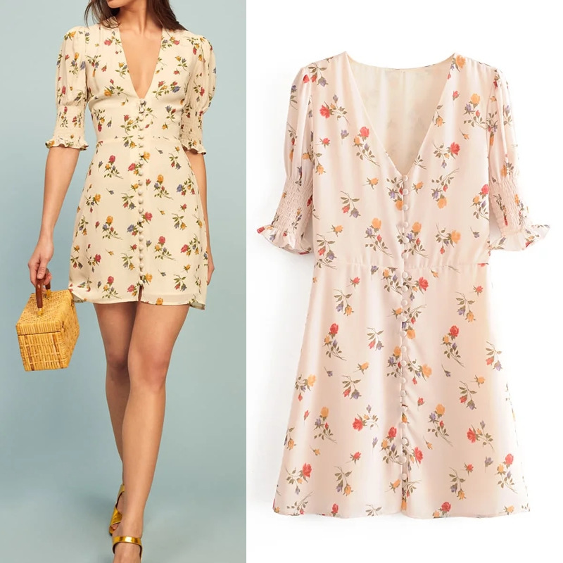 V-neck single-breasted buttoned down slim dress